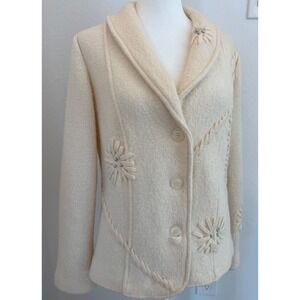Coldwater Creek Wool Flower Embellished Blazer Jacket Cream Size S Wedding